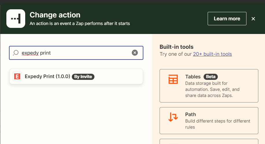 Choose Expedy Print Zapier action