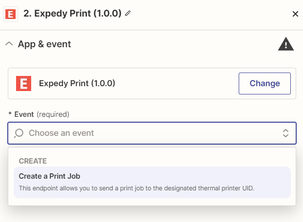 Zapier Action Expedy Print Event Create a Print Job