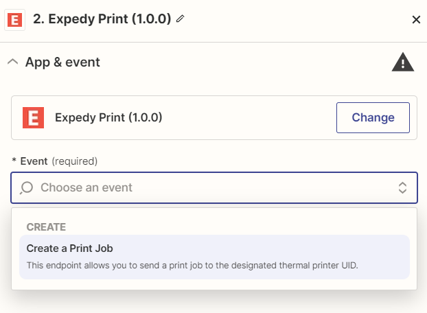 Zapier Action Expedy Print Event Créer une tâche d'impression